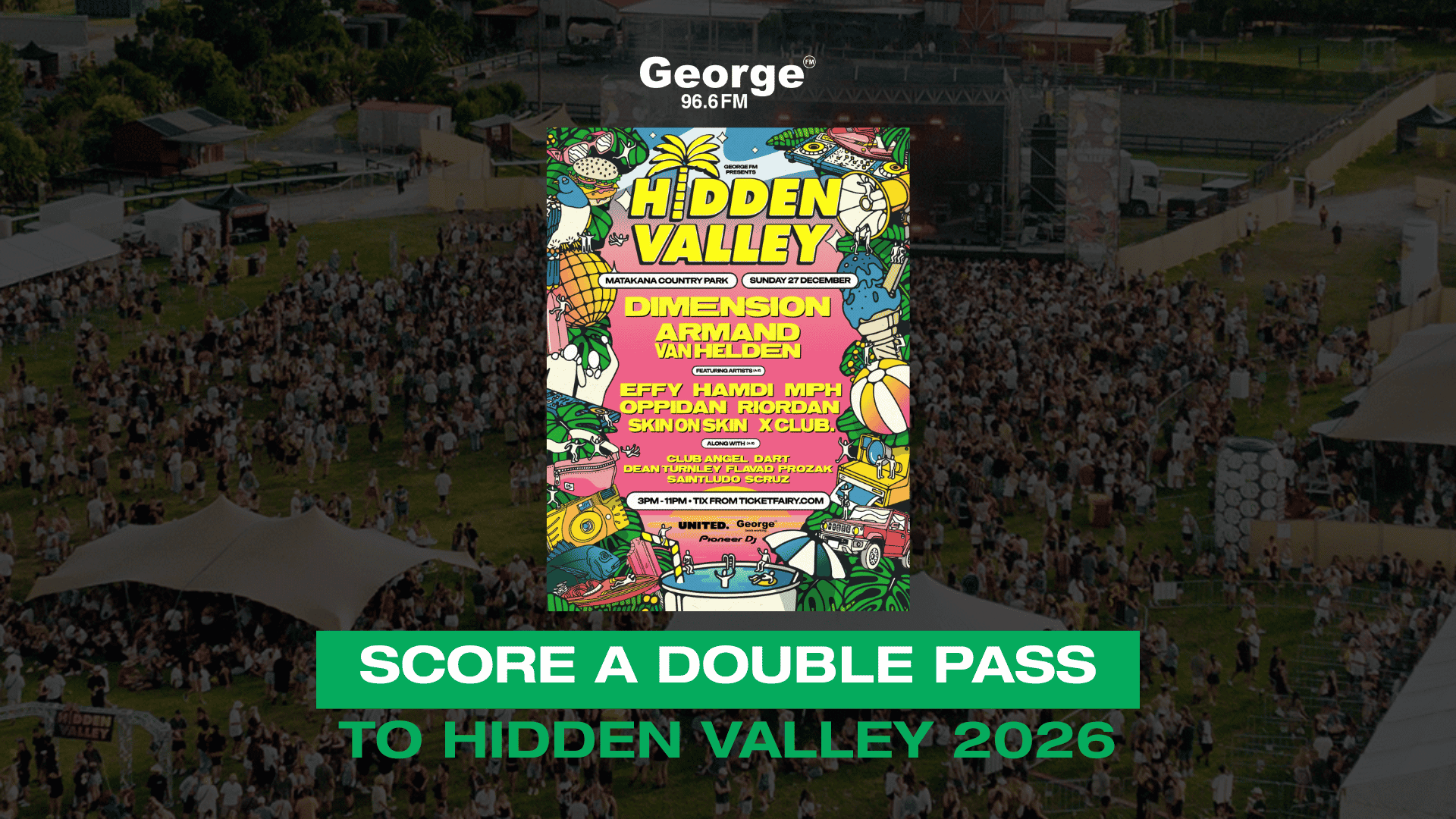 An aerial view of a crowded outdoor music festival with a "Hidden Valley" event poster in the center and a green banner reading "SCORE A DOUBLE PASS TO HIDDEN VALLEY 2026" at the bottom.