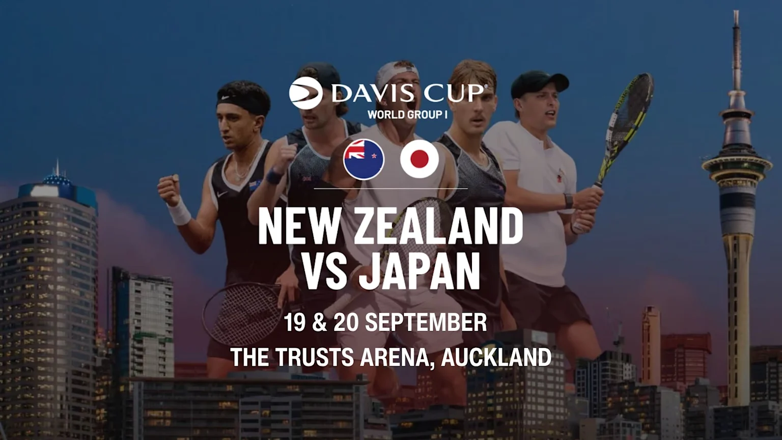 An advertisement for the Davis Cup World Group I match between New Zealand and Japan, featuring five tennis players, flags, the event logo, and text for September 19-20 at The Trusts Arena, set against the Auckland skyline.
