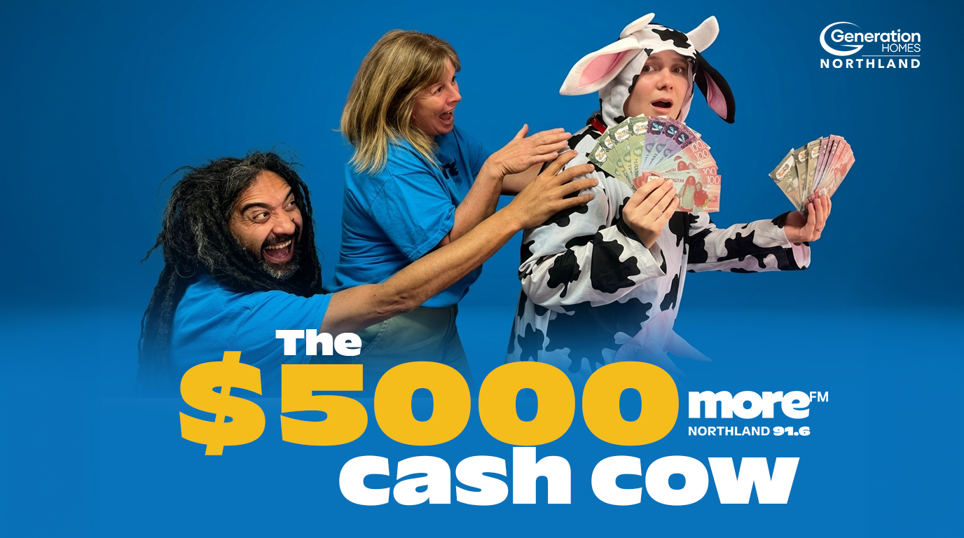 Against a blue background, a person in a cow costume holds New Zealand cash while an excited man and woman reach for them. Text reads "The $5000 cash cow" and "Generation Homes Northland".