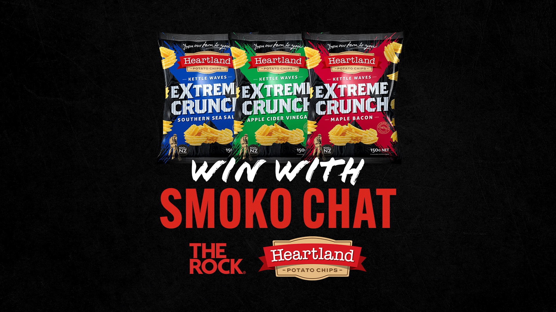 Three bags of Heartland Extreme Crunch Potato Chips (Southern Sea Salt, Apple Cider Vinegar, Maple Bacon) are displayed above text that reads "WIN WITH SMOKO CHAT" and logos for The Rock and Heartland.