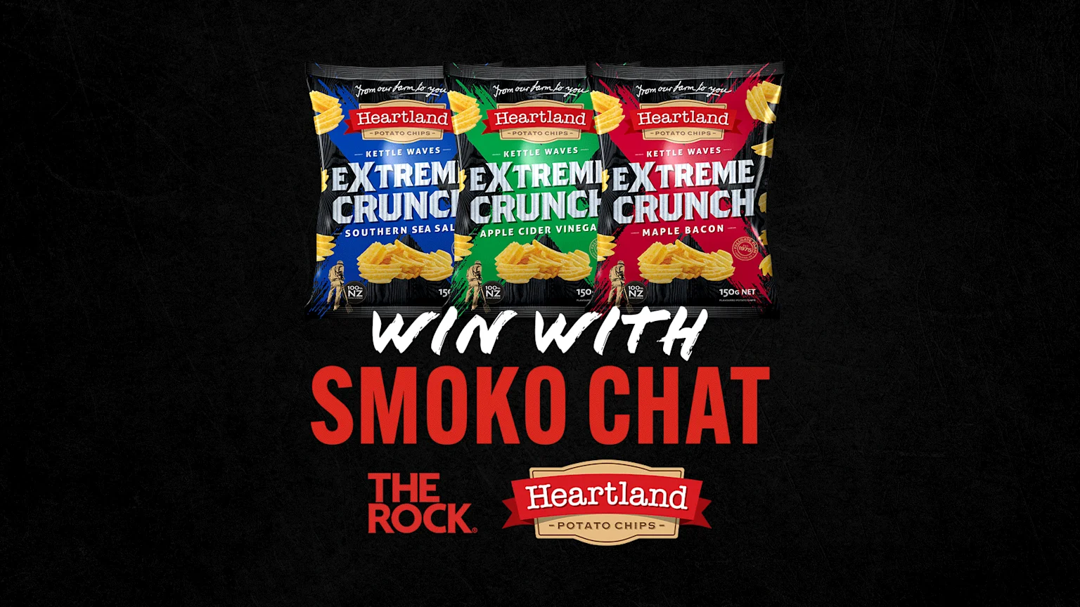 Three bags of Heartland Extreme Crunch Potato Chips (Southern Sea Salt, Apple Cider Vinegar, Maple Bacon) are displayed above text that reads "WIN WITH SMOKO CHAT" and logos for The Rock and Heartland.