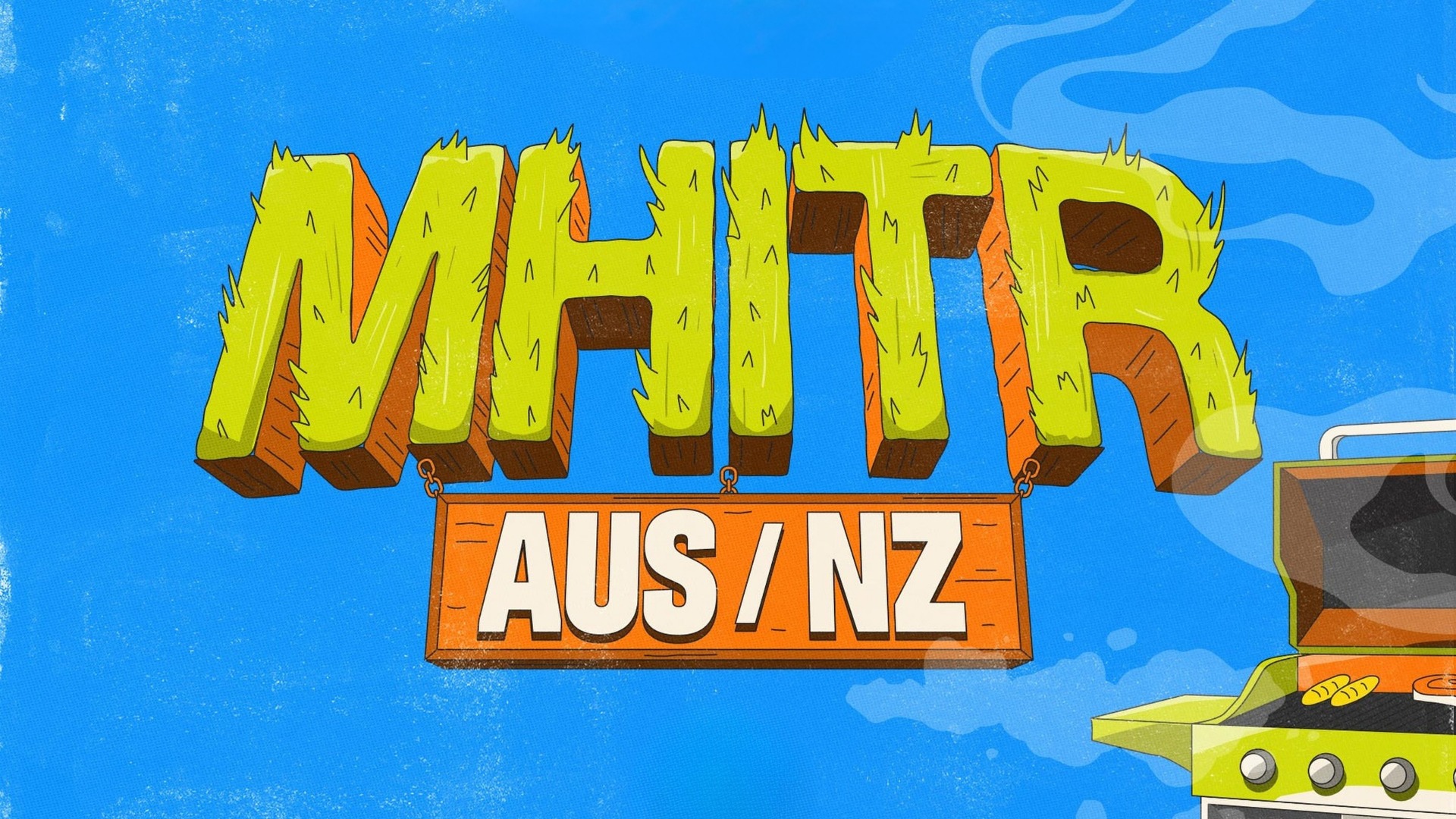 A vibrant illustration with large 3D green letters spelling "MHITR" with grassy tops, above a hanging "AUS/NZ" sign, set against a blue sky with a barbecue grill on the right.