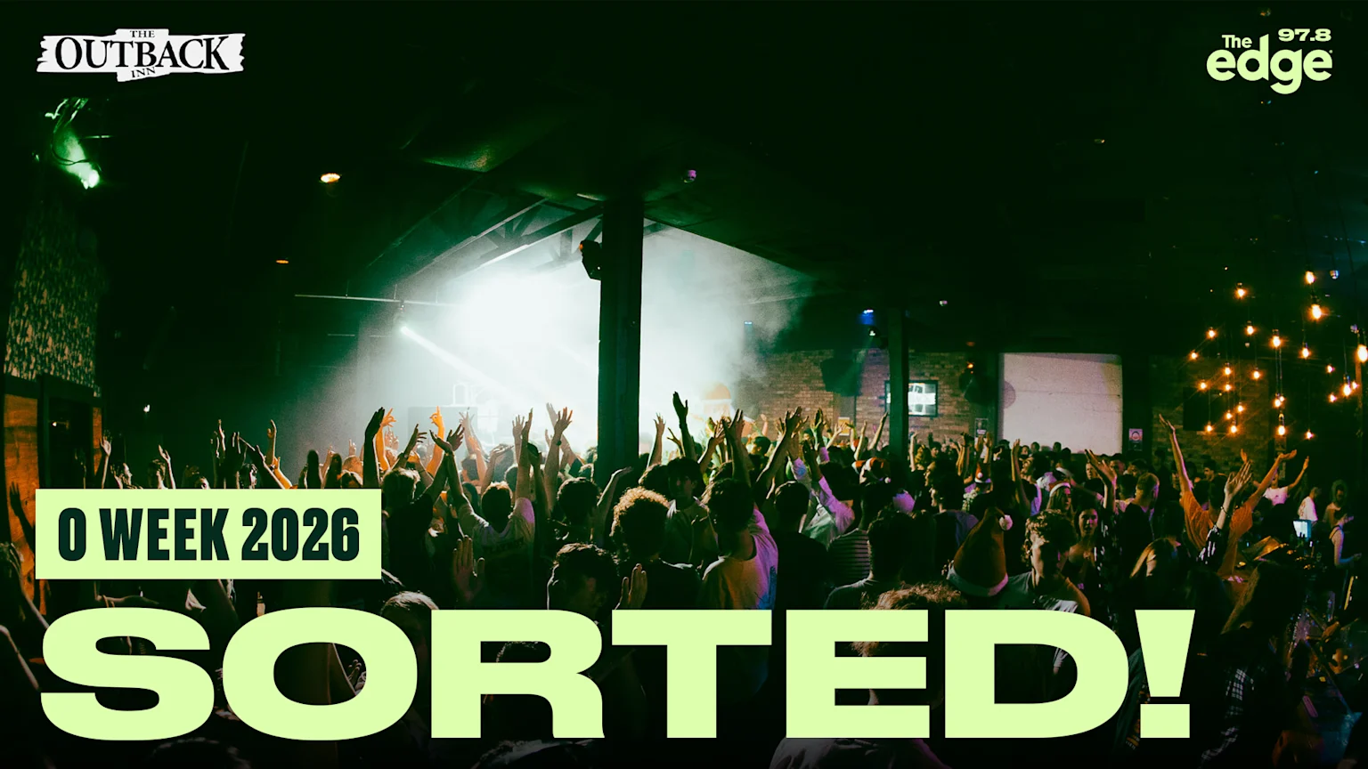 Large crowd in The Outback Inn dancing with hands up. "O Week 2025 sorted!" with The Outback Inn and The Edge Waikato