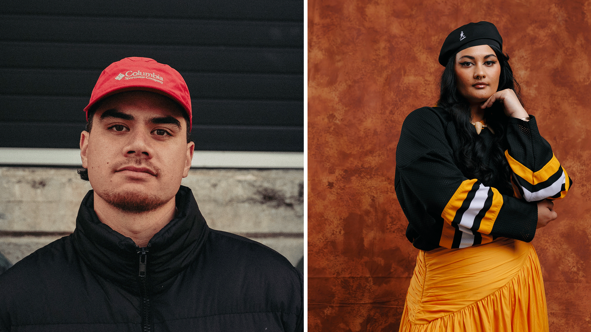 A split image shows a man in a red cap and black jacket on the left, and a woman in a black beret, black and yellow striped top, and yellow skirt on the right, both looking at the camera.