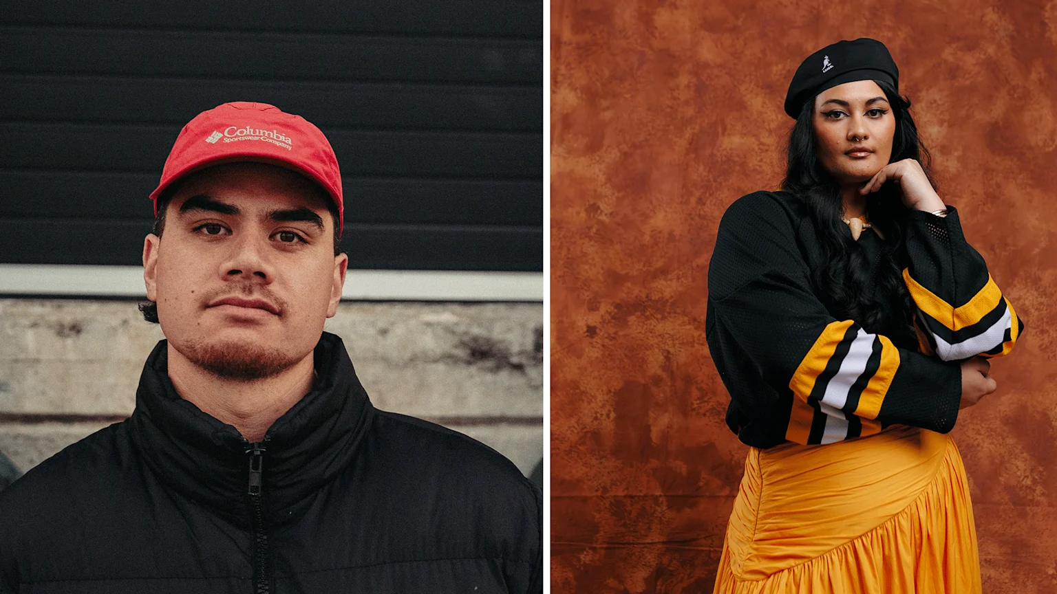 A split image shows a man in a red cap and black jacket on the left, and a woman in a black beret, black and yellow striped top, and yellow skirt on the right, both looking at the camera.