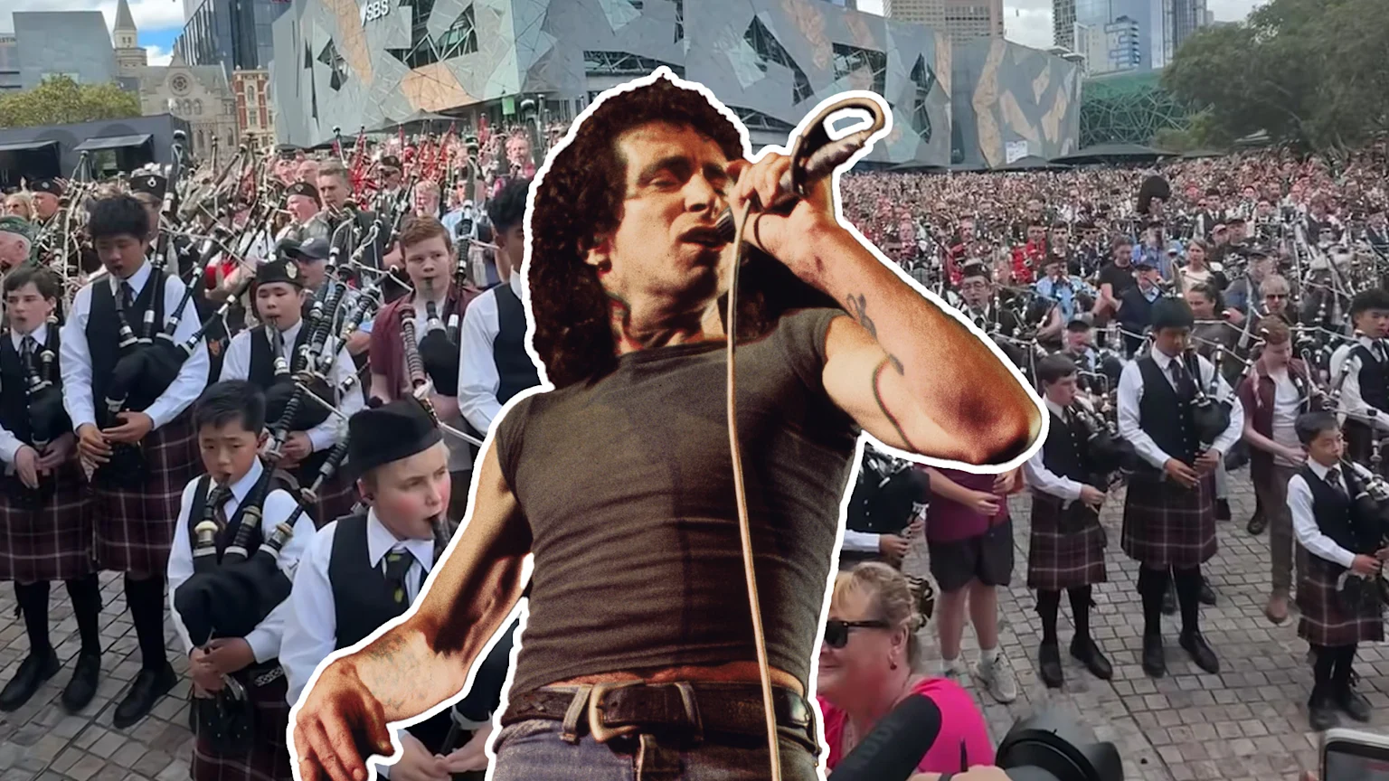 Singer with bagpipe performers in city