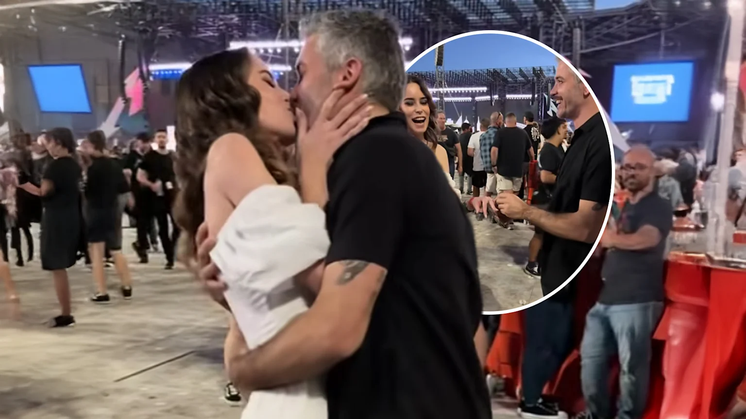 Two lovers kissing and getting married at Metallica.