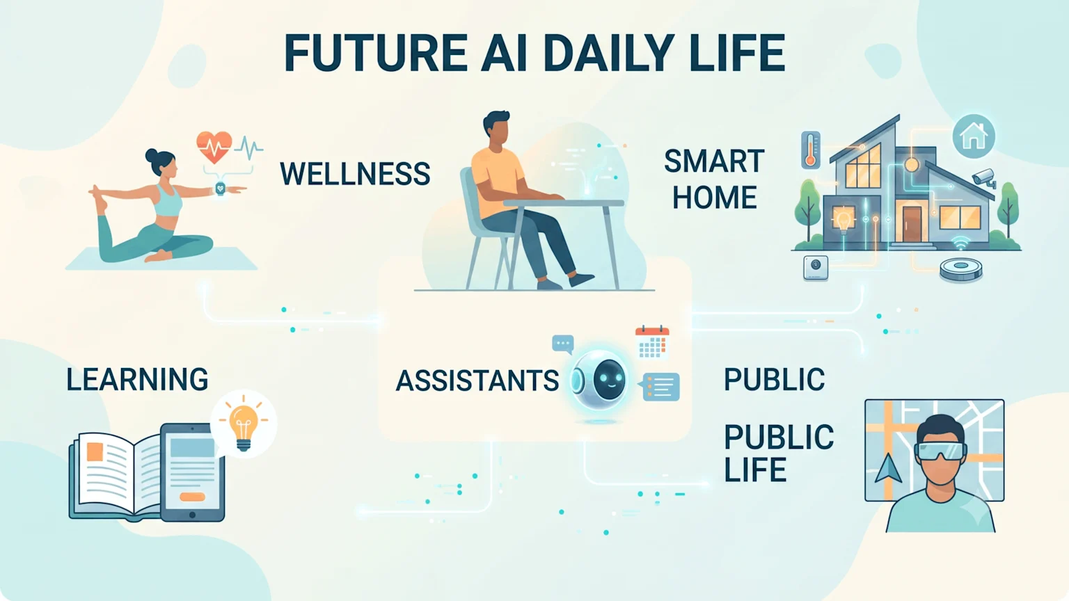 An infographic titled 'FUTURE AI DAILY LIFE' shows a person at a desk connected to AI assistants that integrate with wellness, smart home, learning, and public life across daily activities.