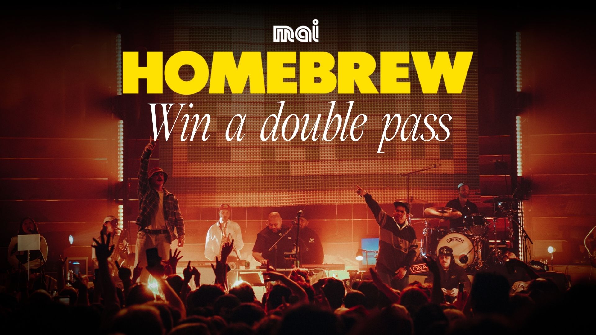 A lively Homebrew concert featuring musicians on stage, an excited audience with raised hands, and bright lighting, with text reading 'Win a double pass'.