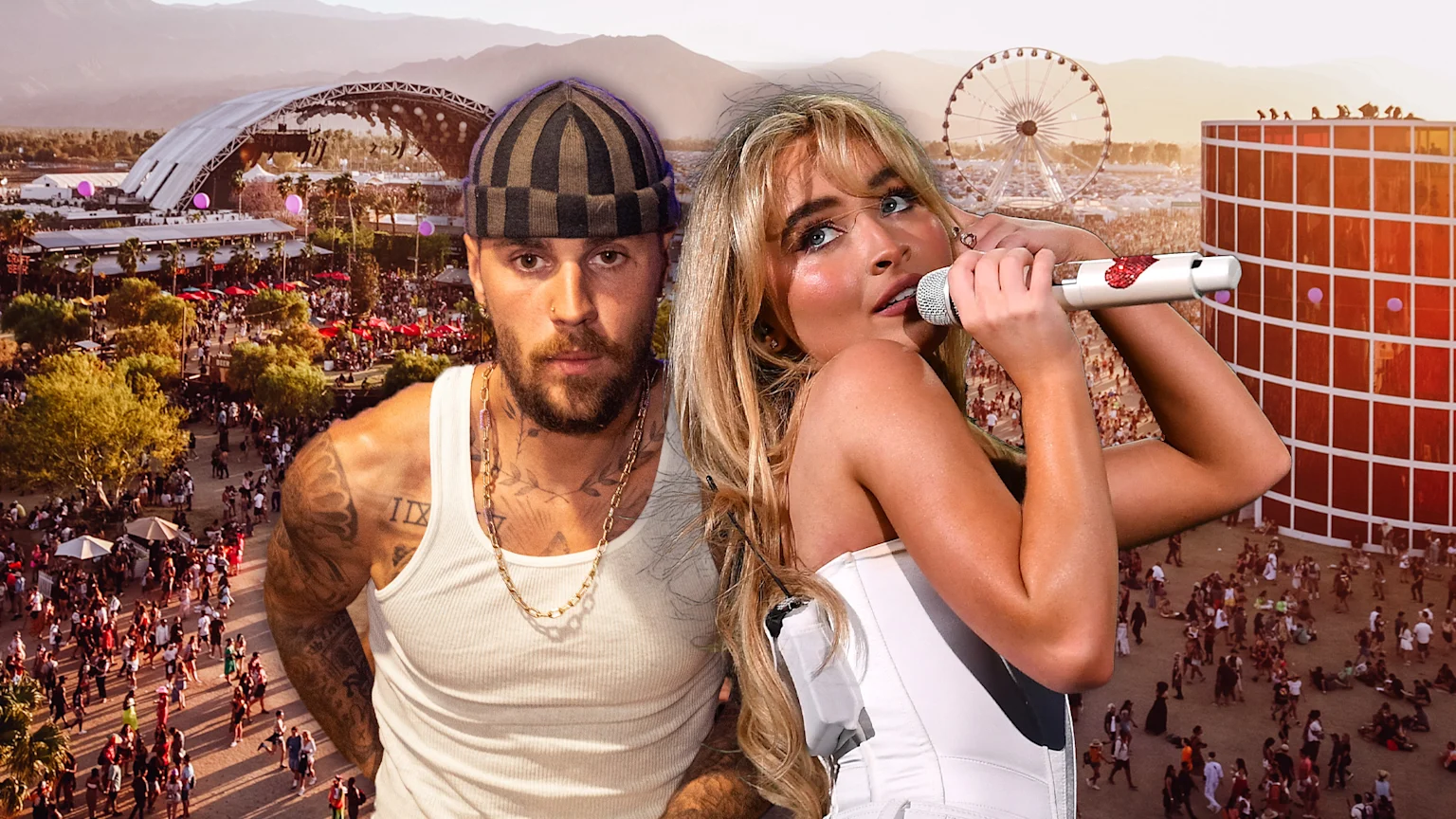 Pop singer Sabrina Carpenter holds a microphone, next to a bearded man in a beanie, both set against an aerial view of a bustling outdoor music festival with a stage and a Ferris wheel.
