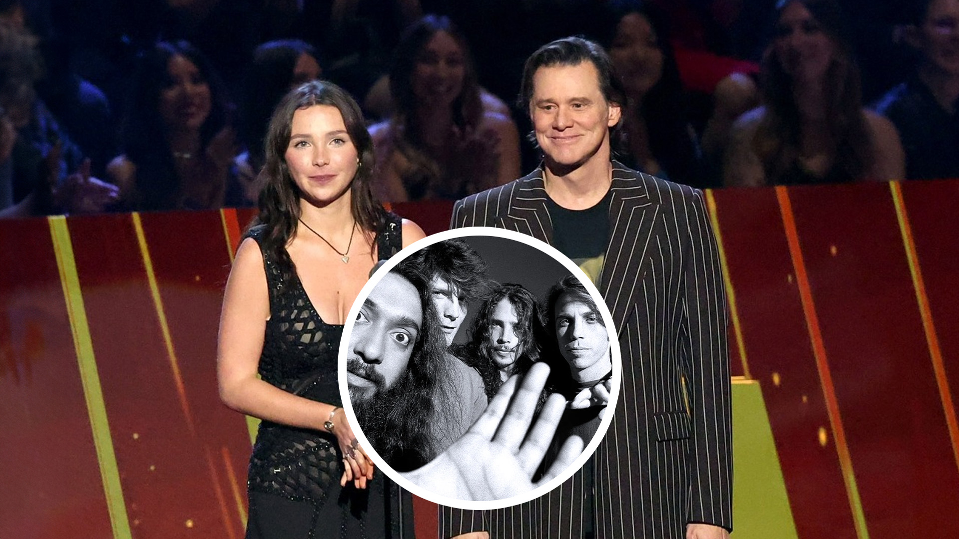 Jim Carey, and Lily Cornell on stage