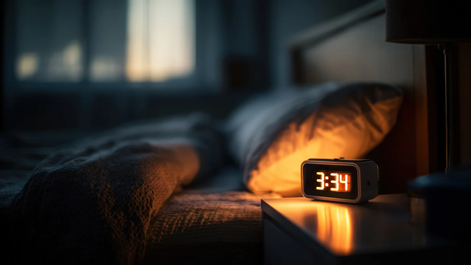 A digital alarm clock displaying 3:34 glows orange on a bedside table next to a bed with blankets and a pillow in a dimly lit bedroom.