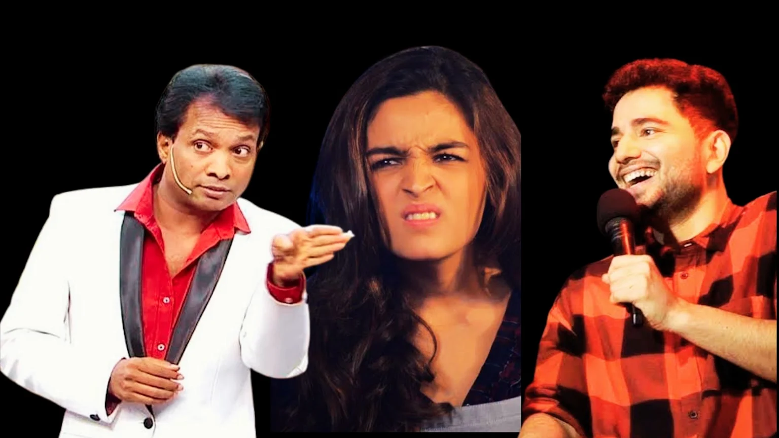 Three individuals are shown against a black background: a man in a white suit with a mic headset looking intensely right, a woman in the center making a disgusted face, and a man on the right laughing while holding a microphone.