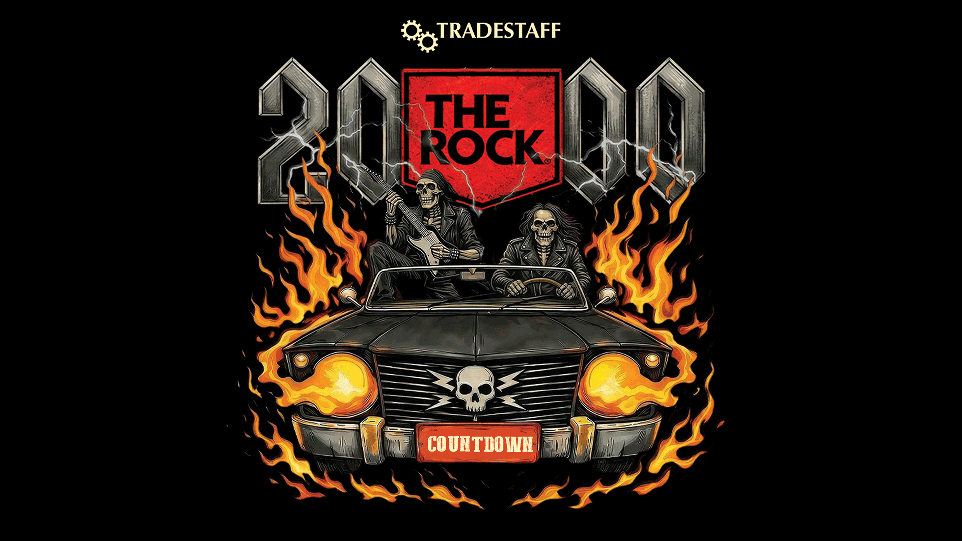 An illustration features two skeletons in leather jackets in a flame-engulfed classic car, one playing guitar, beneath large "2000" numbers and a red shield with "THE ROCK" text, topped by a "TRADESTAFF" logo.