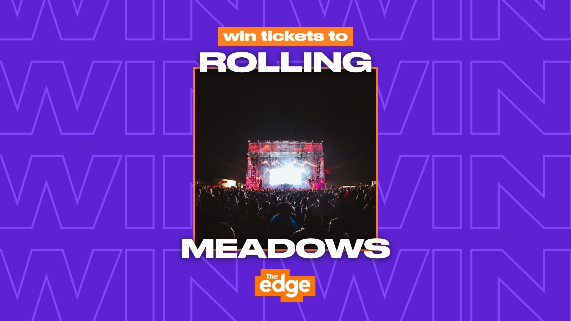 An advertisement for Rolling Meadows concert tickets, showing a bright concert stage and crowd at night, with "win tickets to ROLLING MEADOWS" text and a purple "WIN" background.