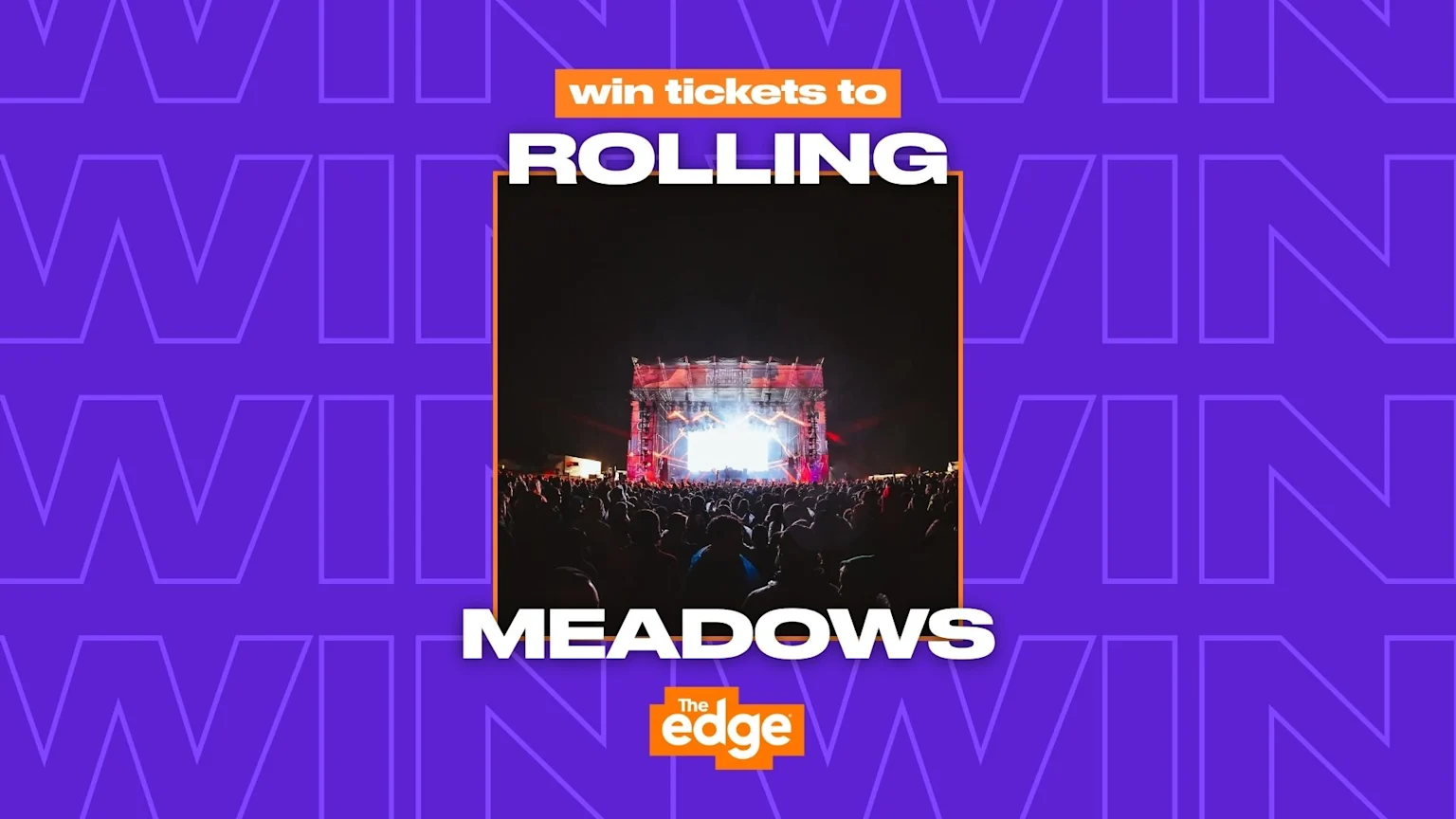 An advertisement for Rolling Meadows concert tickets, showing a bright concert stage and crowd at night, with "win tickets to ROLLING MEADOWS" text and a purple "WIN" background.