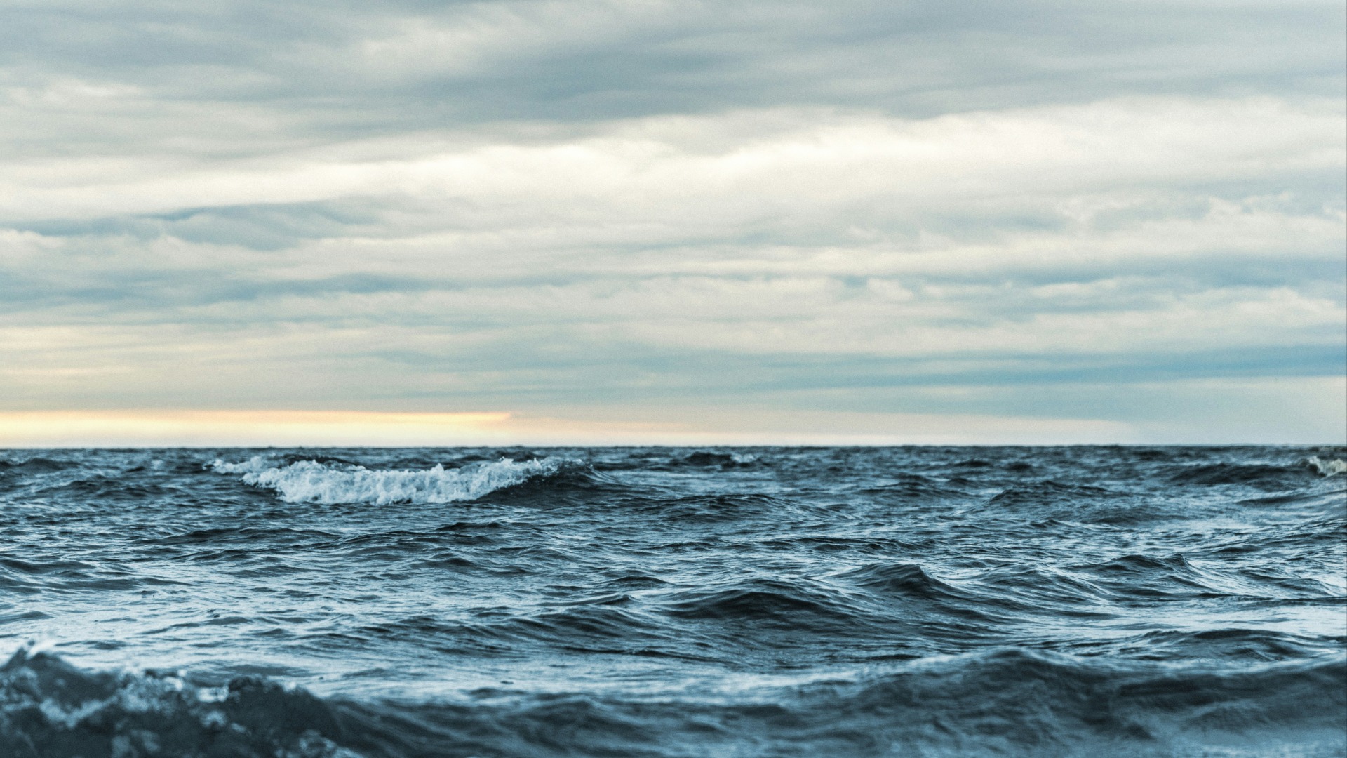 Dark blue ocean water with numerous waves and some whitecaps extends to a cloudy horizon with a faint golden glow, beneath a light grey and white sky.