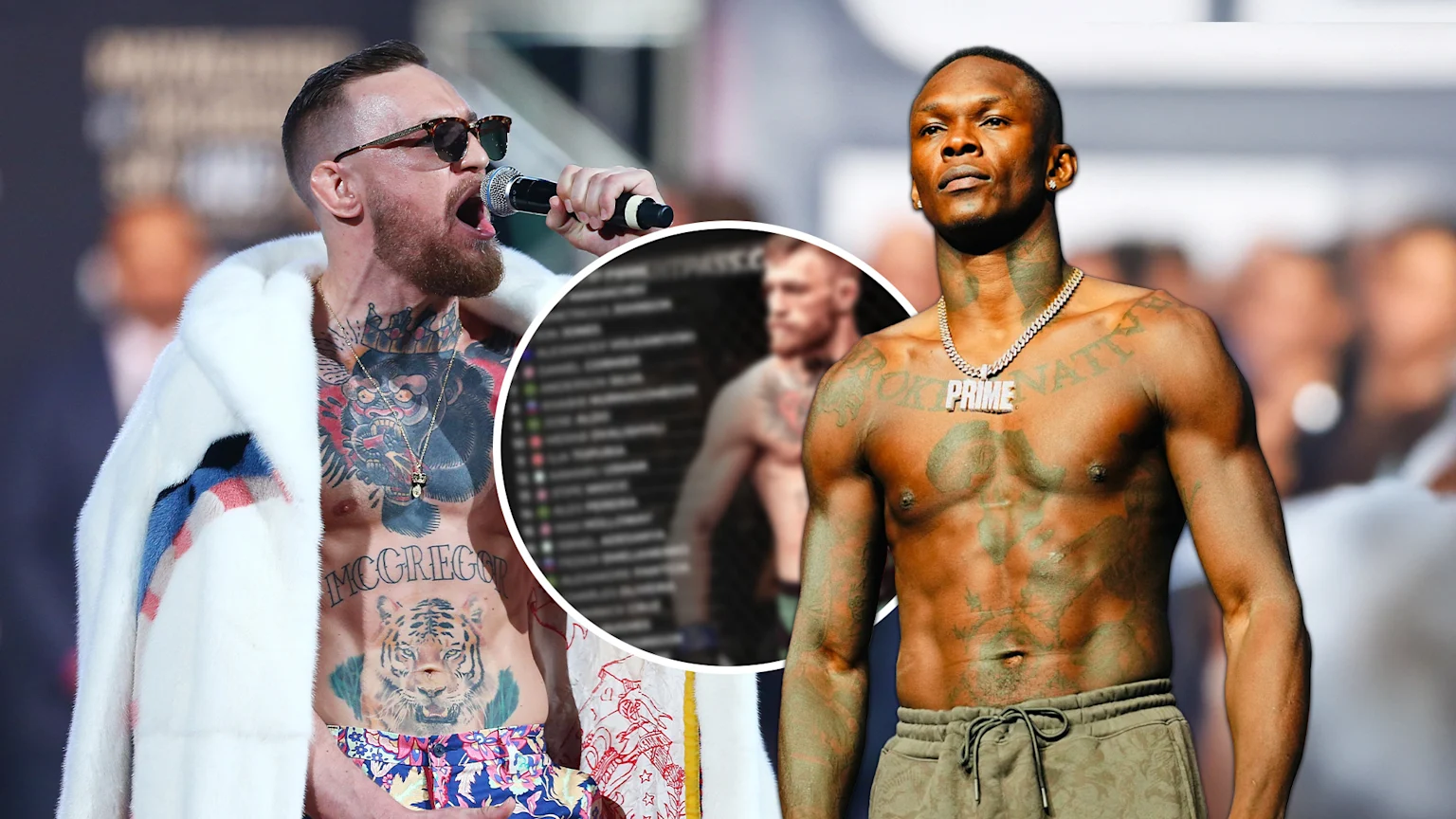 A picture of MMA fighter Conor McGregor next to MMA fighter Israel Adesanya, and a picture of the GOAT rankings blurred in a circle in the middle of them.