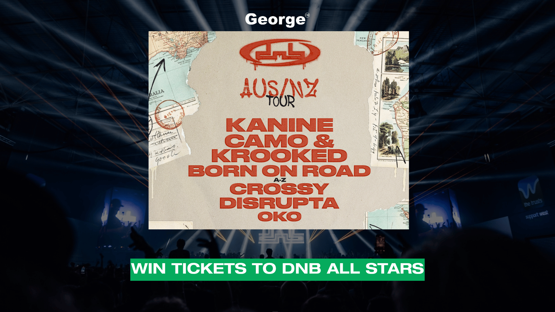 A concert promotion image featuring a torn-paper-style poster for the "DNB All Stars AUS/NZ Tour" with a list of artists (Kanine, Camo & Krooked, Born on Road, Crossy, Disrupta, Oko) overlaid on a dark venue background, with a "WIN TICKETS TO DNB ALL STARS" banner at the bottom.