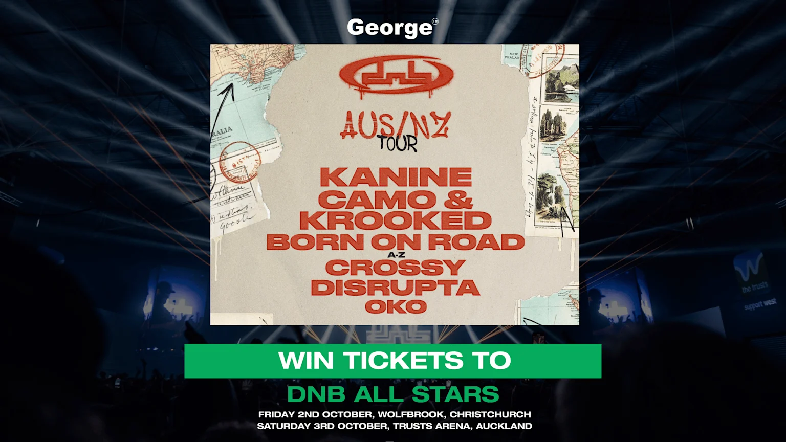 A concert promotion image featuring a torn-paper-style poster for the "DNB All Stars AUS/NZ Tour" with a list of artists (Kanine, Camo & Krooked, Born on Road, Crossy, Disrupta, Oko) overlaid on a dark venue background, with a "WIN TICKETS TO DNB ALL STARS" banner at the bottom.