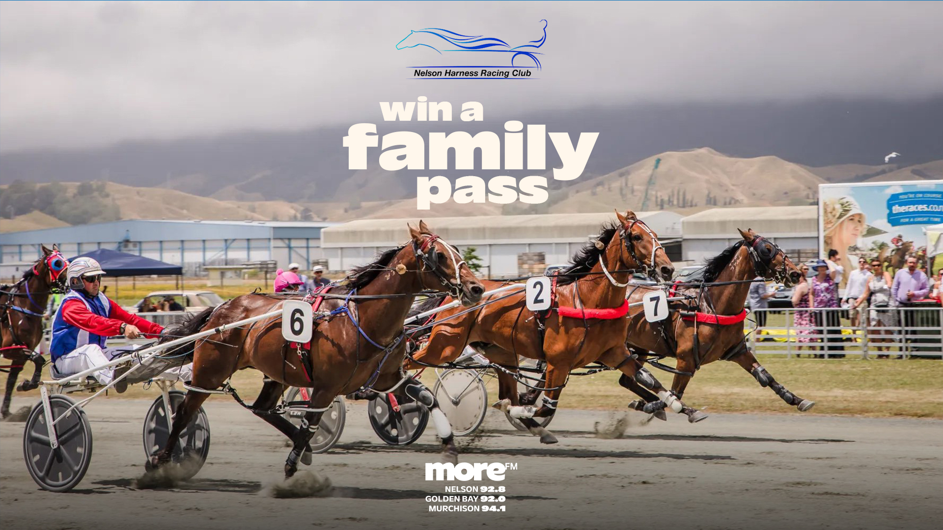 Harness racing on a track. "Win a family pass" with Nelson Harness Racing and More FM Nelson