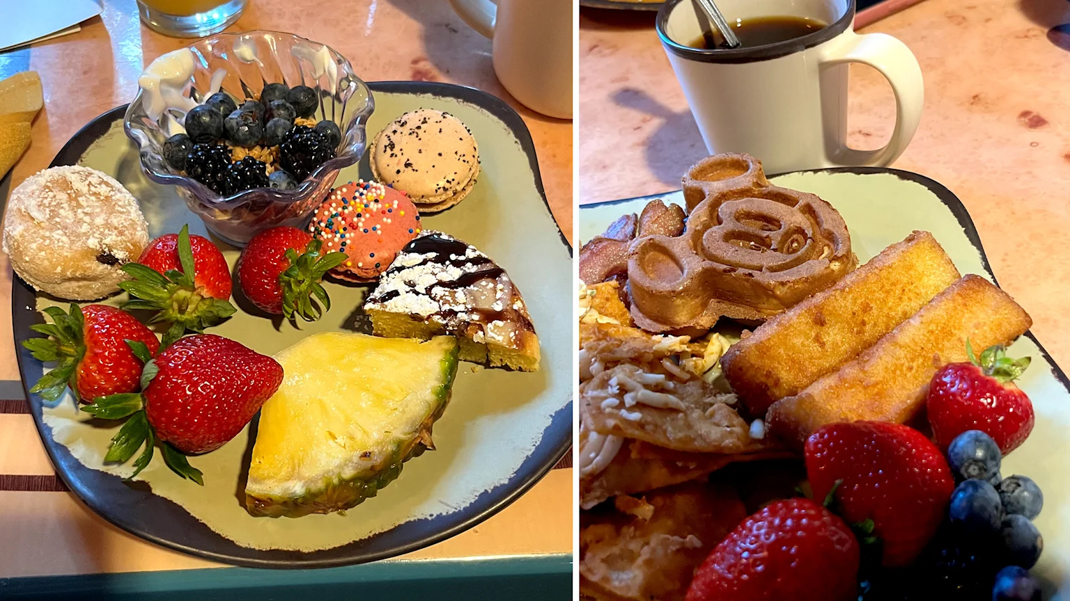 Left - a plate of fruit. Right - Mickey Mouse-shaped waffles and french toast sticks on a plate next to strawberries and blueberries.