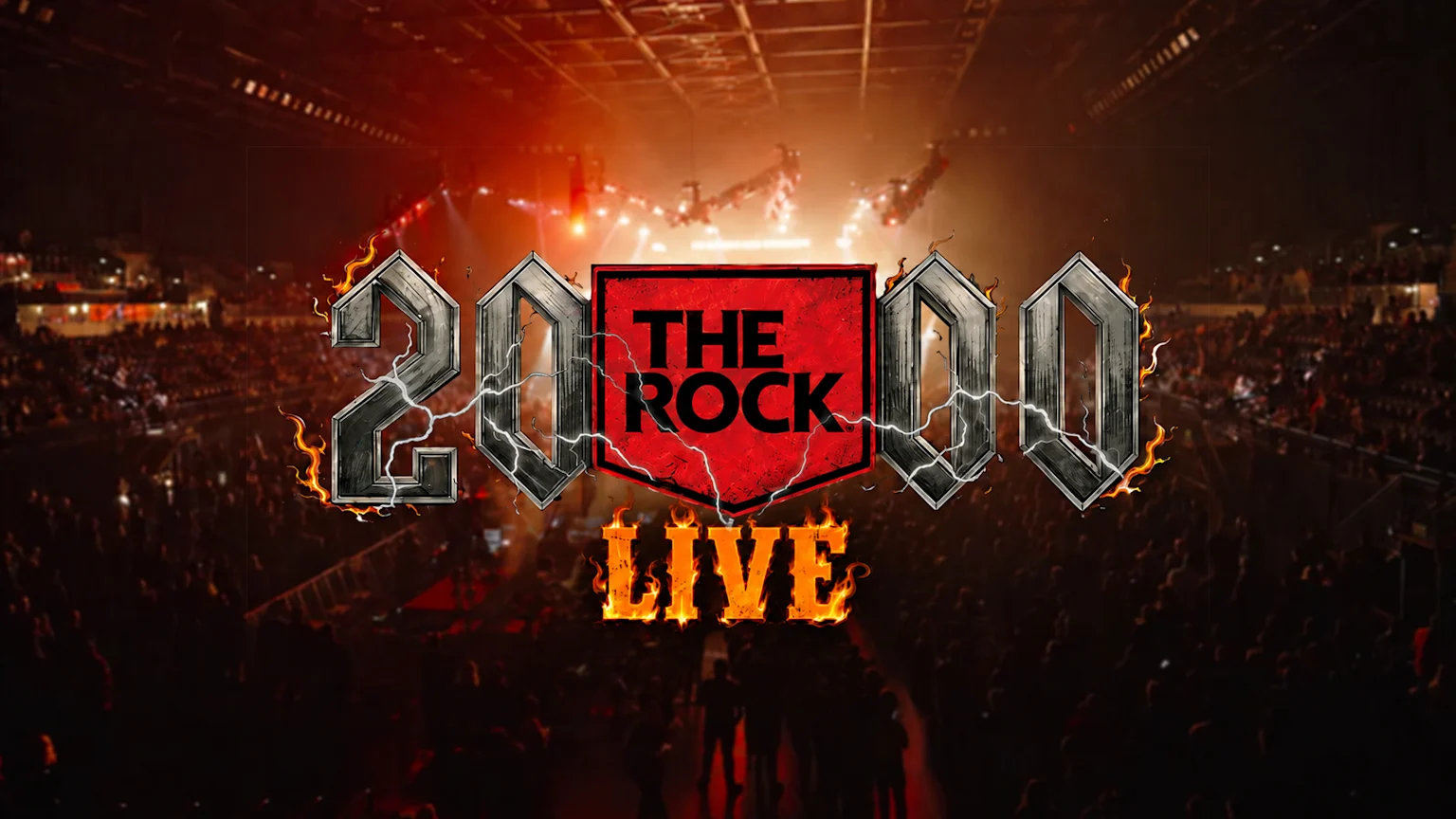 A fiery and metallic "2000" logo with "THE ROCK" in a red shield, overlaid on a dark, crowded concert hall with a glowing stage.