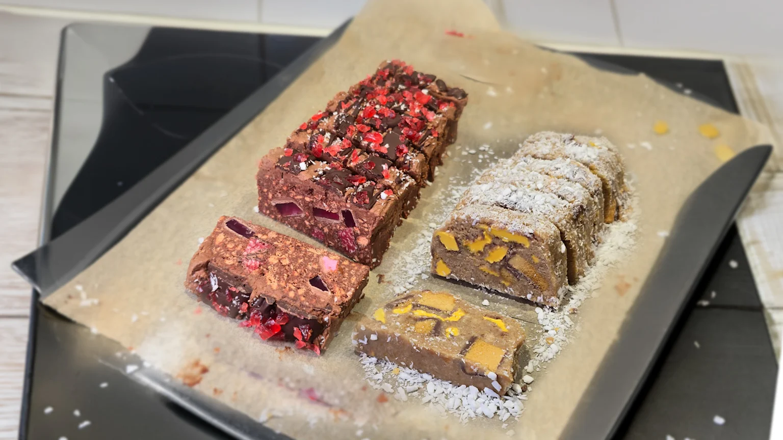 A high-angle indoor food photography shot showing two types of sliced dessert loaves on crumpled parchment paper on a dark rectangular tray. One chocolate-based loaf is topped with dark chocolate drizzle and red fruit-like pieces; the other is a lighter brown loaf coated with shredded coconut and embedded yellow pieces. A silver knife and kitchen surfaces are partially visible.