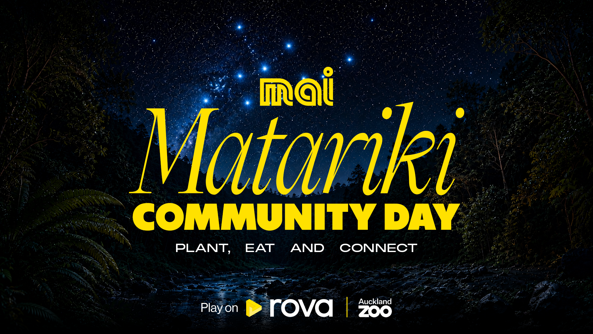 A starry night landscape with trees and a stream, featuring a poster for 'mai Matariki COMMUNITY DAY' with the phrase 'PLANT, EAT AND CONNECT' and various sponsor logos.