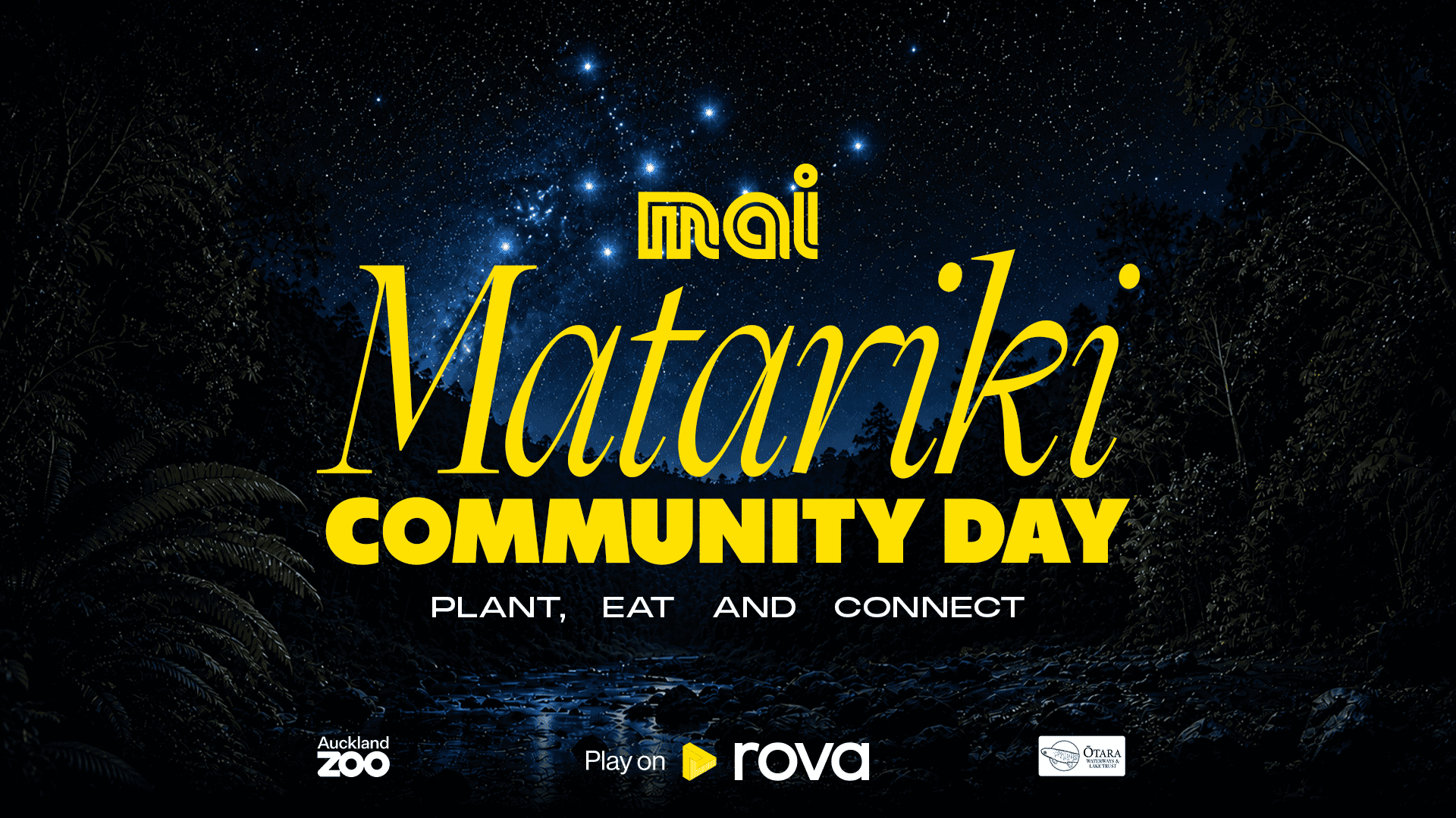 A starry night landscape with trees and a stream, featuring a poster for 'mai Matariki COMMUNITY DAY' with the phrase 'PLANT, EAT AND CONNECT' and various sponsor logos.