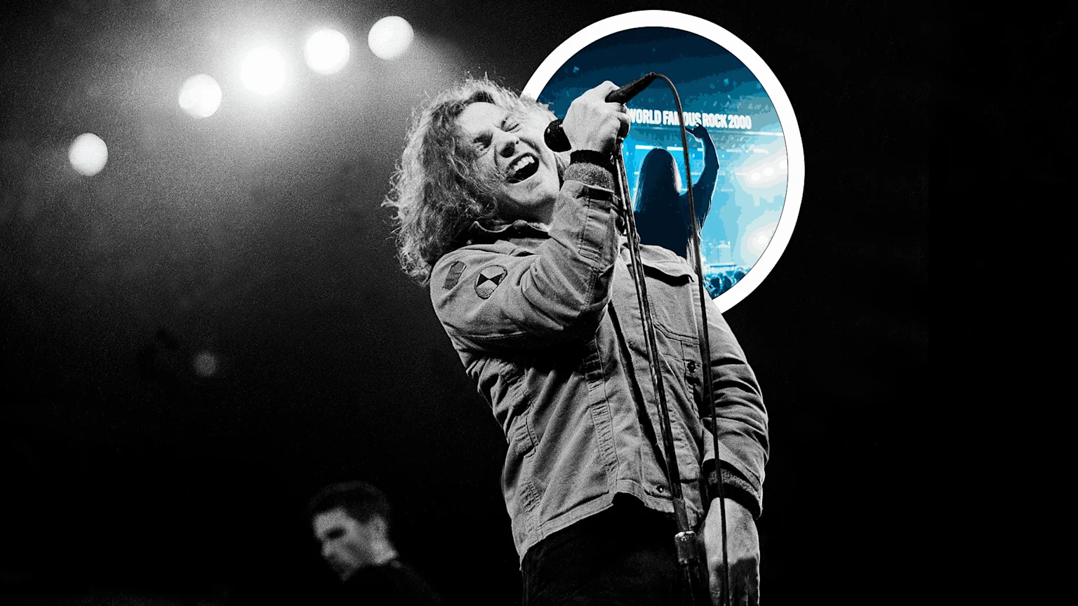 A man with long, curly hair passionately sings into a microphone on stage, wearing a patched jacket, with blurred lights and a blue circular overlay featuring a concert scene and "WORLD FAMOUS ROCK 2000" text.