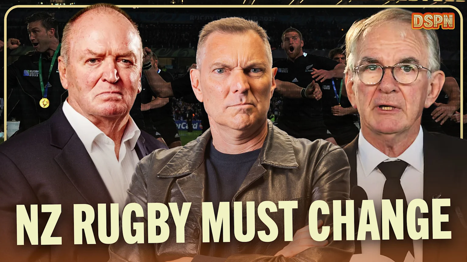 Three men, including Sir Graham Henry on the left, display serious expressions against a background of celebrating rugby players, with the bold text "NZ RUGBY MUST CHANGE" across the bottom.