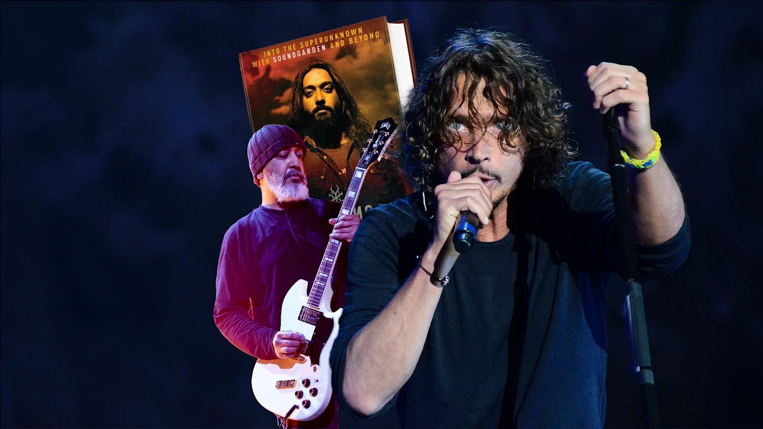 A composite image shows Chris Cornell singing, Kim Thayil playing a white guitar, and a book titled "Into the Superunknown with Soundgarden and Beyond" featuring Thayil.