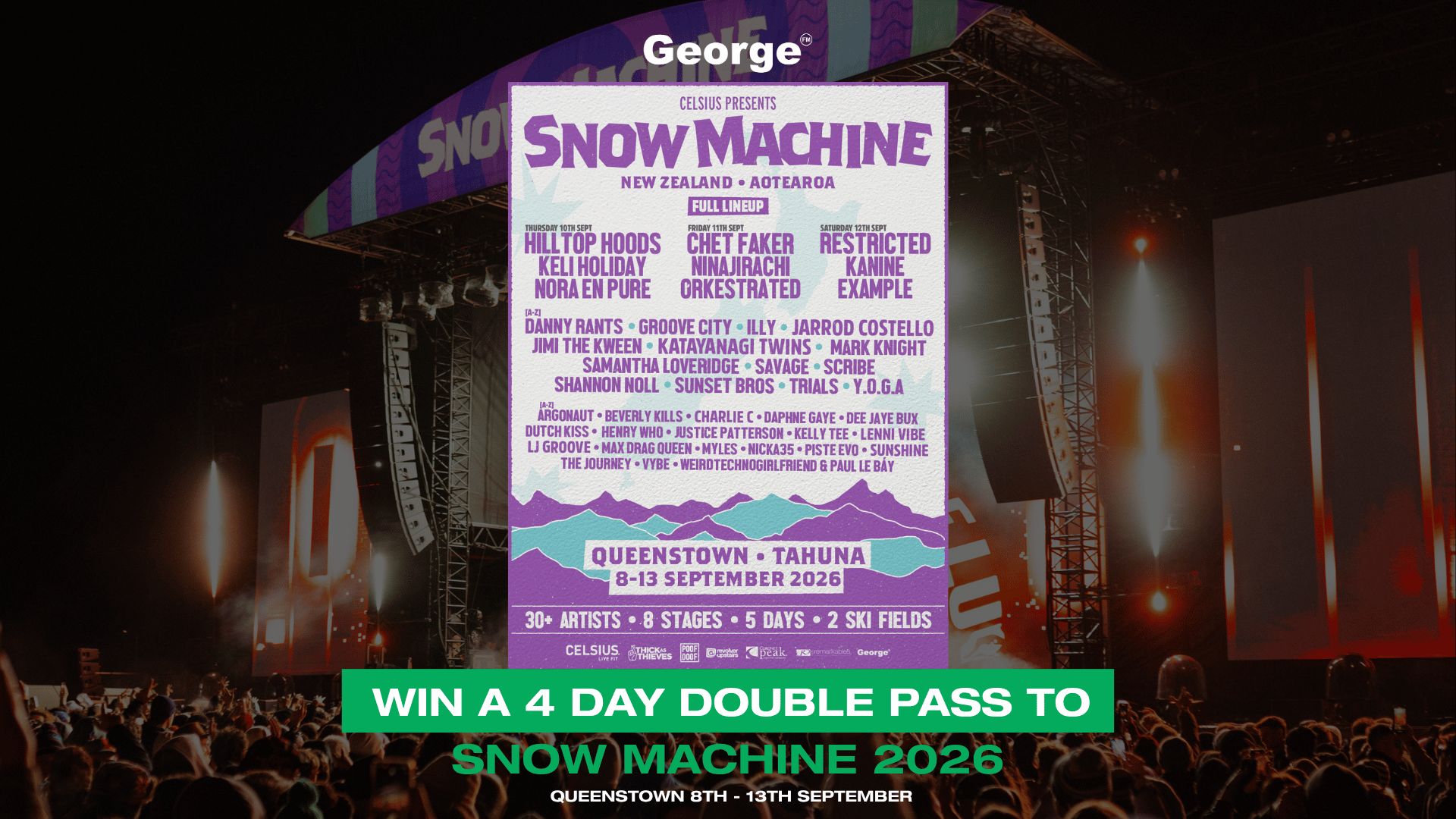 A festival poster for Snow Machine 2026 with an artist lineup and event details is overlaid on a photo of a concert stage and crowd, with a green banner offering a pass to the event.