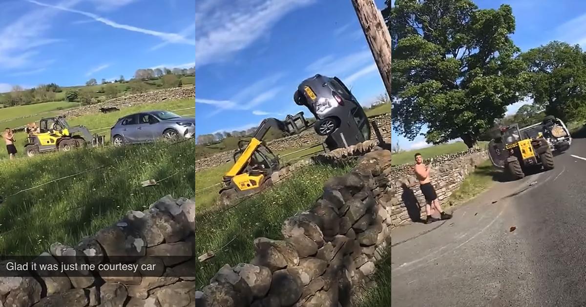 Farm Flip Exploding F**ked off farmer flips out and flips car blocking his gate with his ...