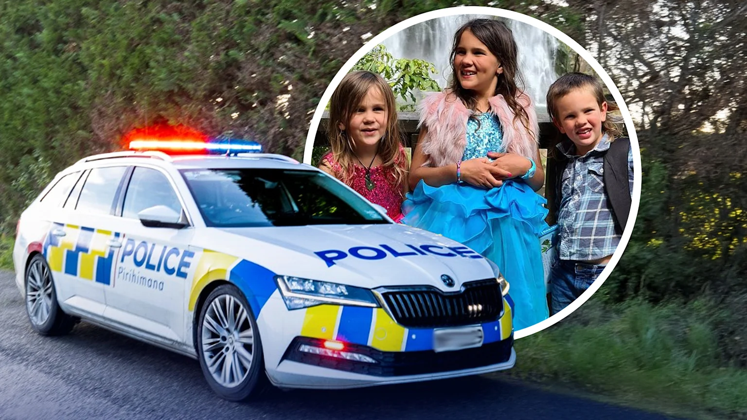 A NZ police care layered in front of fugitive Tom Phillips' three children.