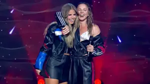 Cassie Henderson (left), Melanie C (right) on stage during 'The Voice AU' grand final.