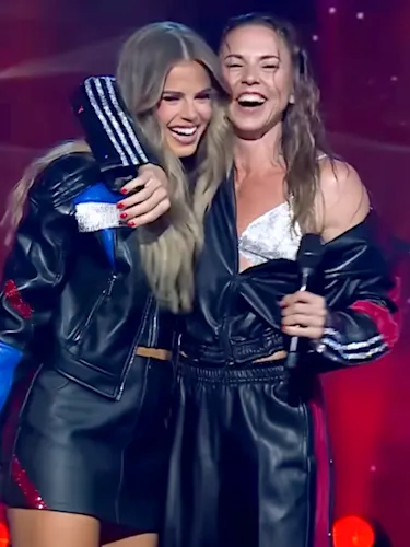 Cassie Henderson (left), Melanie C (right) on stage during 'The Voice AU' grand final.
