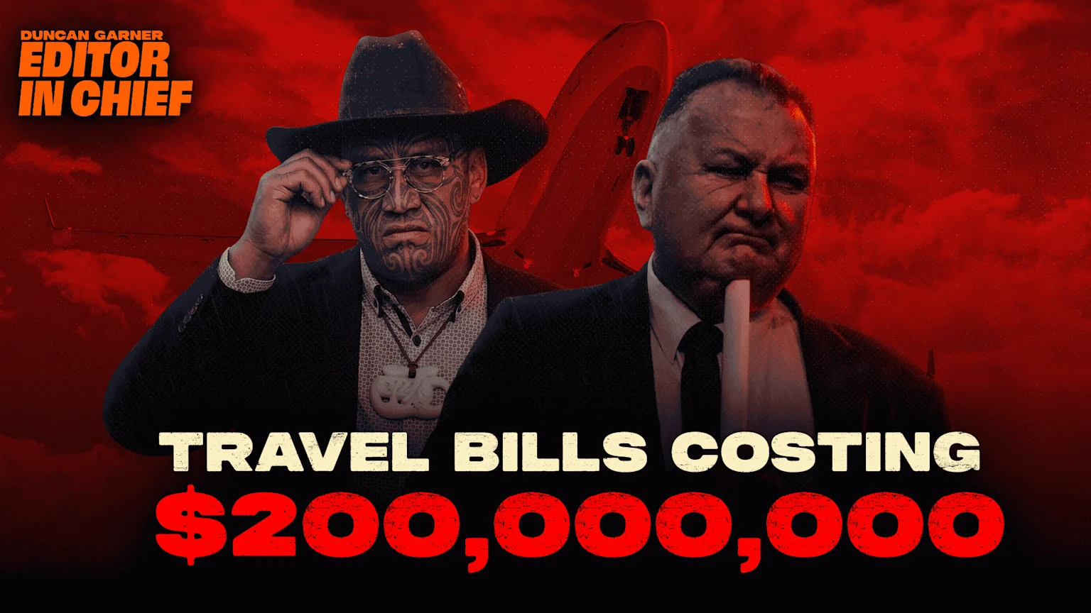 Two serious-looking men, one with facial tattoos adjusting glasses and another looking down, stand against a red, cloudy background with airplanes, above text reading "TRAVEL BILLS COSTING $200,000,000."