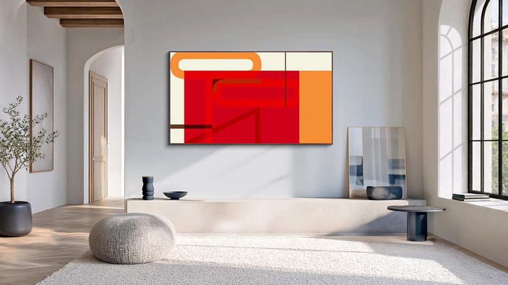 A modern, minimalist living room features a large TV displaying abstract art, a light rug, a knitted pouf, dark decorative objects, and an arched window.