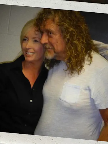 Tracey Donaldson smiling next to Robert Plant edited into an old Polaroid photo.