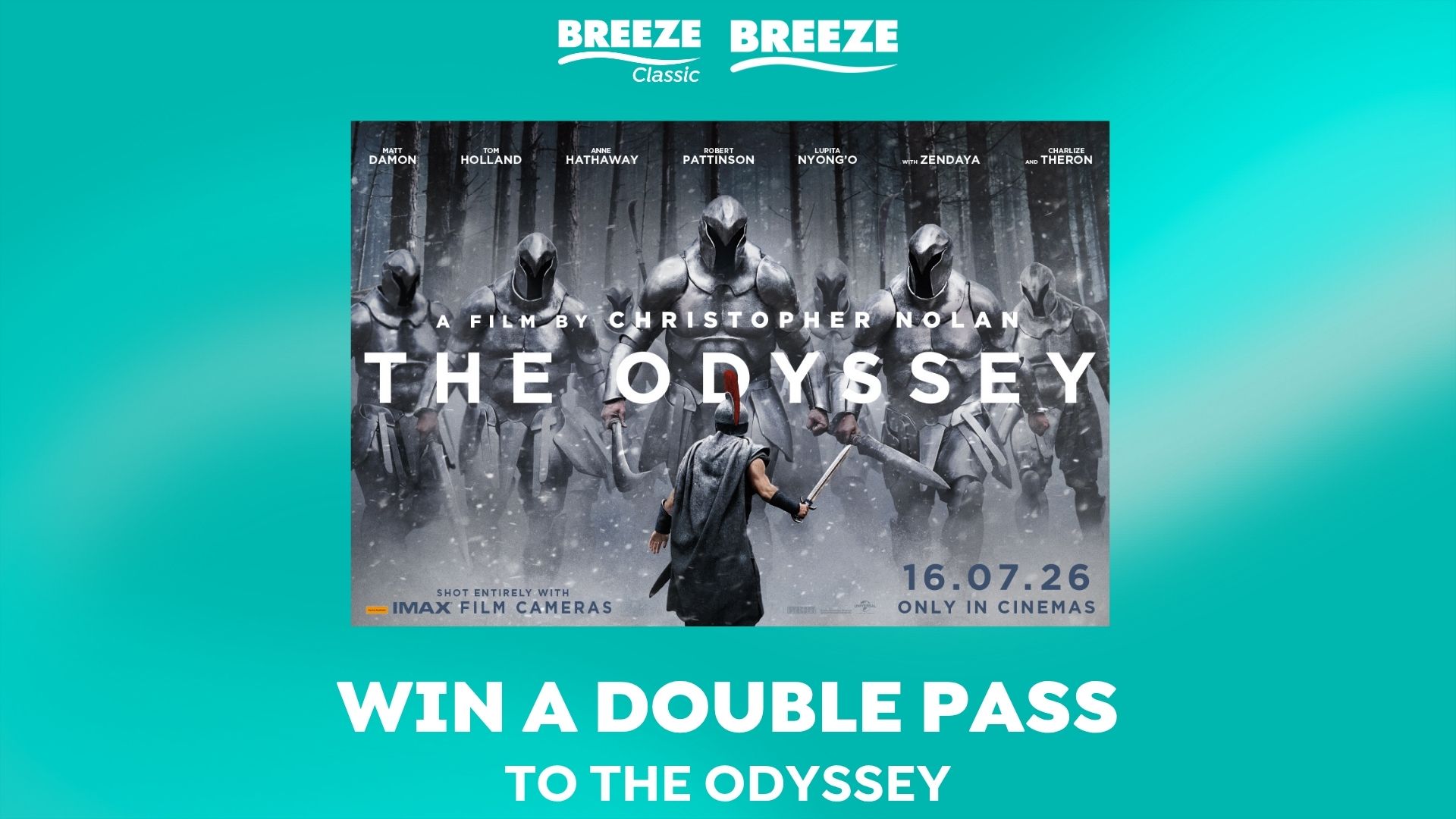 A promotional image for a contest to win tickets to "The Odyssey," featuring the movie poster by Christopher Nolan with its cast, and the Breeze and Breeze Classic logos.