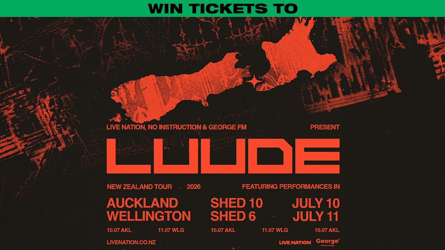 A distressed orange and black concert poster for LUUDE's New Zealand Tour 2026, listing dates in Auckland (Shed 10, July 10) and Wellington (Shed 6, July 11).