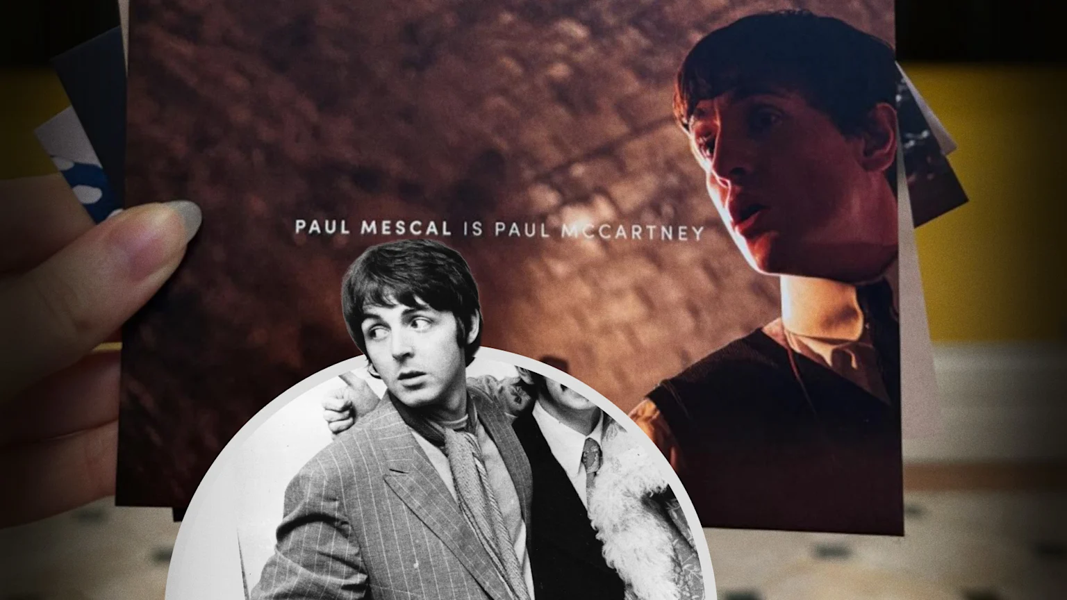 Image of post card showcasing Paul Mescal as Paul McCartney next to image of Paul McCartney