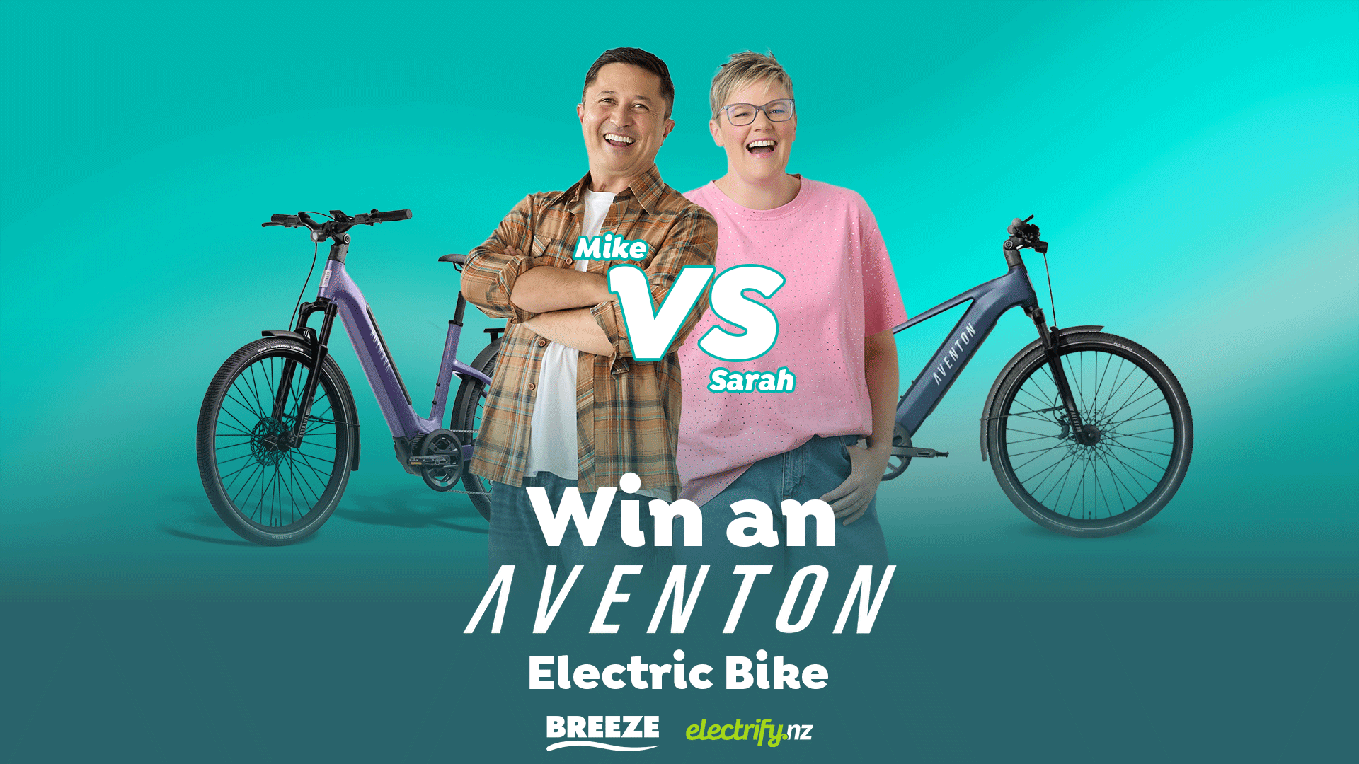 Mike and Sarah smile between a purple and a blue Aventon electric bike, with text overlay "Win an Aventon Electric Bike" from Breeze and Electrify.nz on a teal background.