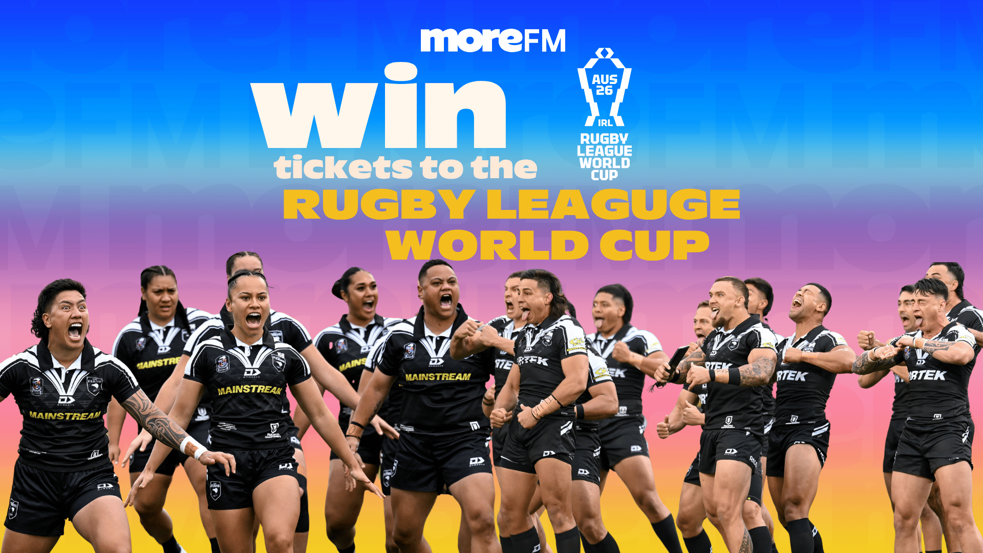 A banner for 'MoreFM' promotes winning tickets to the 'Rugby League World Cup', shown above a diverse group of excited rugby players in black and white uniforms, cheering.