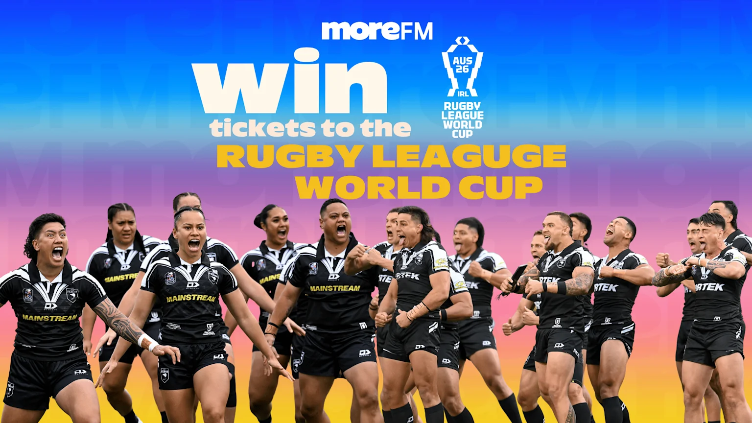 A banner for 'MoreFM' promotes winning tickets to the 'Rugby League World Cup', shown above a diverse group of excited rugby players in black and white uniforms, cheering.