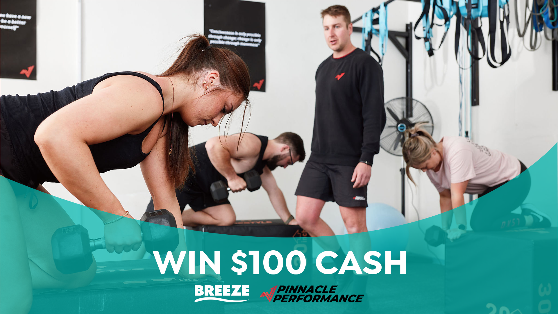 An indoor gym scene showing three individuals exercising under the guidance of a male instructor. Two perform dumbbell rows while a third exercises on hands and knees near a blue exercise box. A green overlay promotes a $100 cash prize with BREEZE and PINNACLE PERFORMANCE logos.