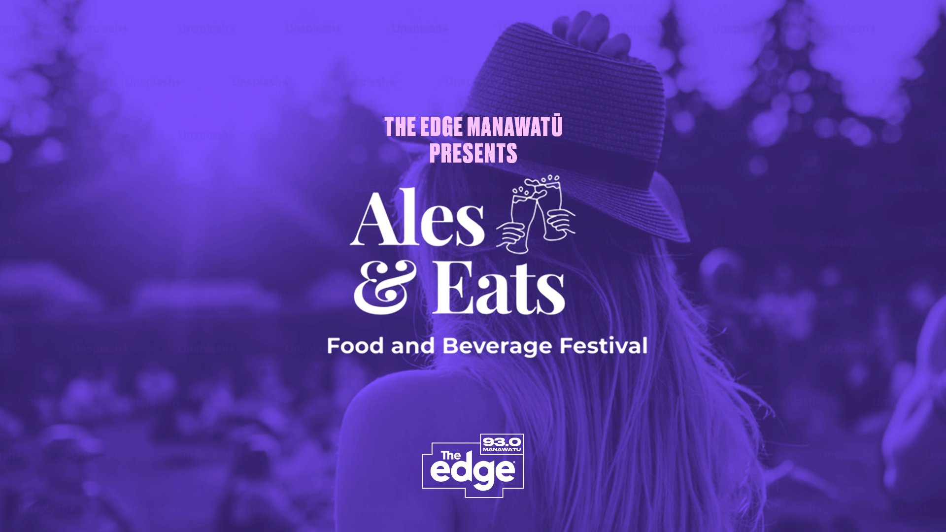 A vibrant purple-toned promotional poster for the 'Ales & Eats Food and Beverage Festival' presented by The Edge Manawatū. Features a young adult wearing a woven straw hat seen from behind, with line art of clinking beer mugs and event text. Outdoor festival setting with logos for The Edge and 93.0 Manawatū radio station.