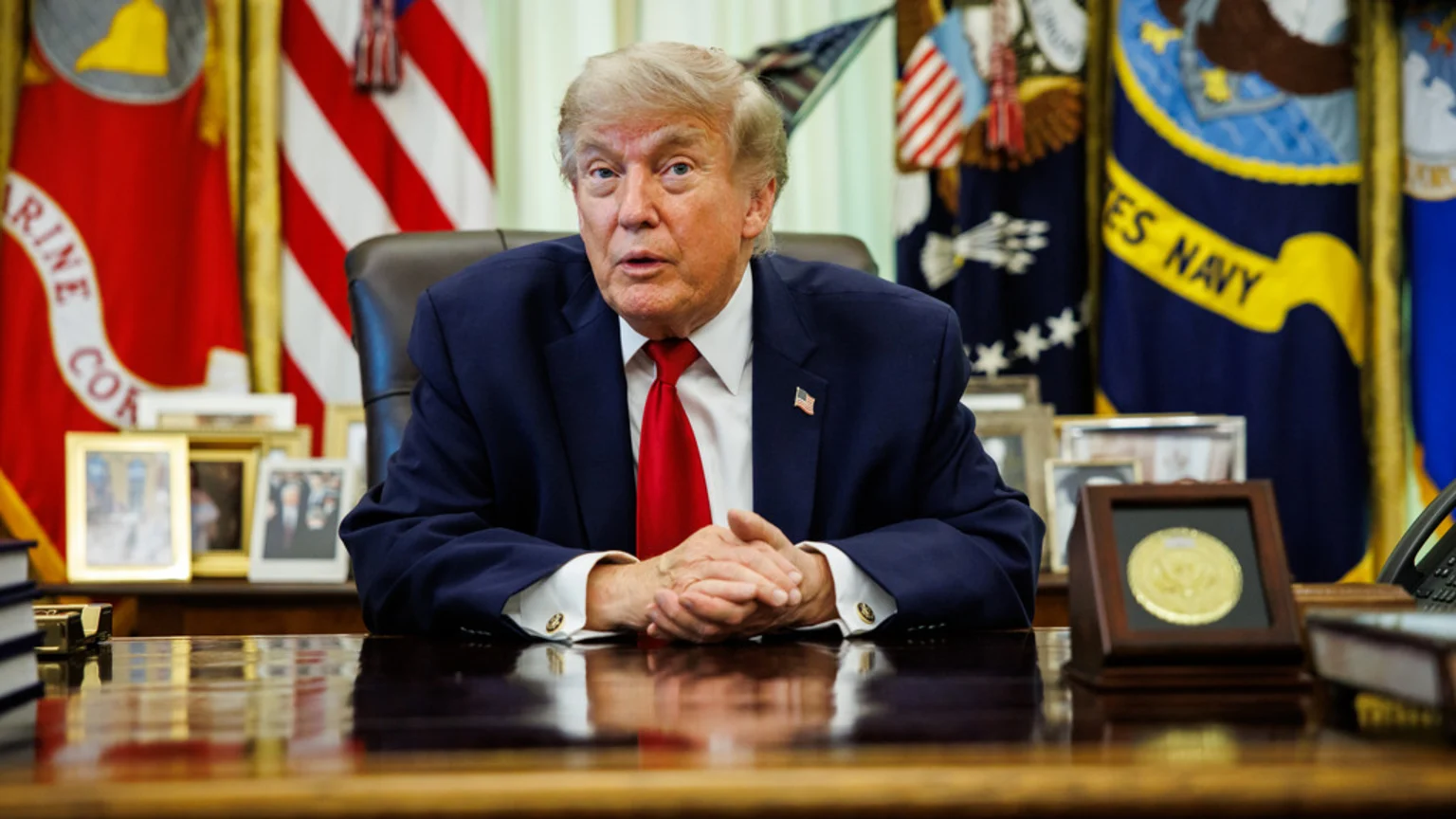 Donald Trump sits at a wooden desk with clasped hands, wearing a blue suit and red tie, against a backdrop of US military flags and framed photographs.